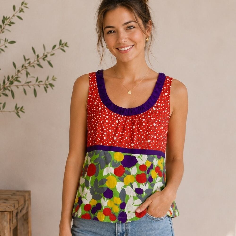 Boden Red Green Floral Multi Color Floral  Sleeveless Top 6